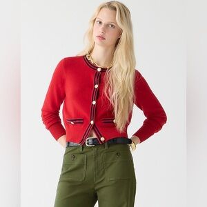 J.Crew Red Cashmere Cardigan Sweater Lady Jacket with Contrast Trim | Size L